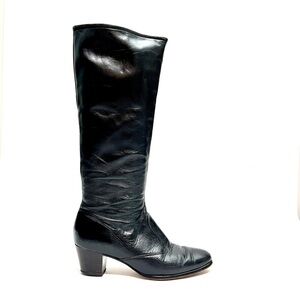 Vintage 1970s black leather knee high zip up heeled gogo boots
